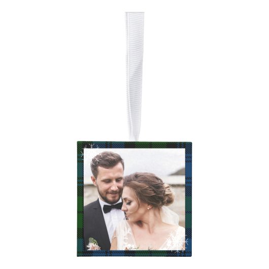 Onze eerste Kerstmis bruiloft foto Campbell Tartan Kubus Ornament (Rechts)