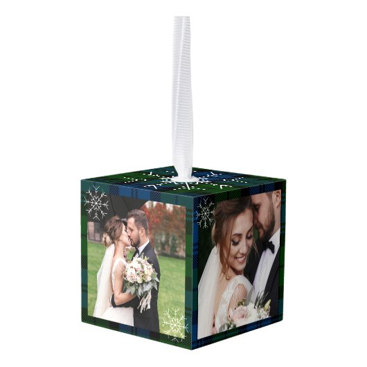 Onze eerste Kerstmis bruiloft foto Campbell Tartan Kubus Ornament (Achter hoekig)
