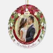 Onze eerste Kerstmis, de heer Mrs. Foto Poinsettia Keramisch Ornament (Links)