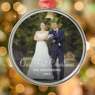 Onze eerste Kerstmis familienaam Elegante foto Metalen Ornament