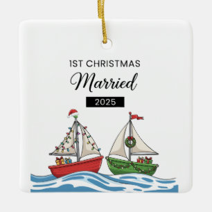 Onze Eerste Kerstmis Getrouwd 2025   Schattig Mari Keramisch Ornament