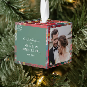 Onze Eerste Kerstmis Getrouwd Bruiloft Foto Plaid Kubus Ornament