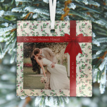 Onze Eerste Kerstmis Getrouwd Foto Glas Ornament