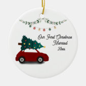 Onze eerste Kerstmis getrouwd met rode auto Keramisch Ornament (Voorkant)