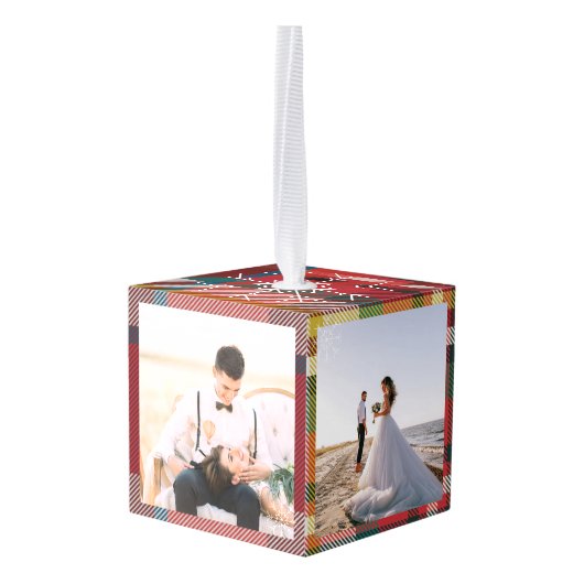 Onze eerste Kerstmis getrouwde foto's Plaid Rustie Kubus Ornament (Achter hoekig)