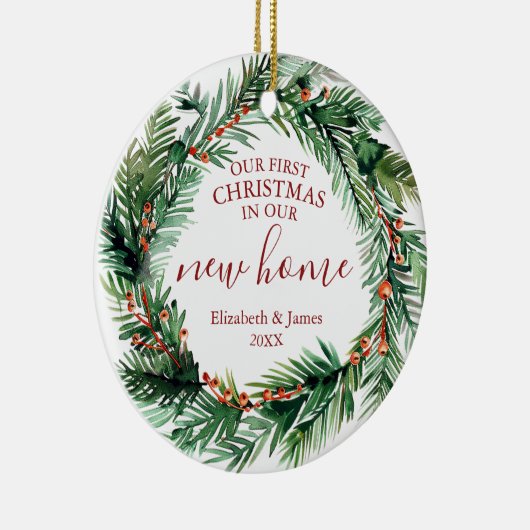 Onze eerste Kerstmis in onze nieuwe huiskrans Keramisch Ornament (Rechts)