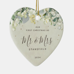 Onze eerste Kerstmis, Mr & Mrs. Foto Heart Shaped Keramisch Ornament