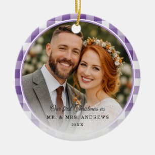 Onze Eerste Kerstmis-Mr. & Mrs. Foto Paarse Gingha Keramisch Ornament