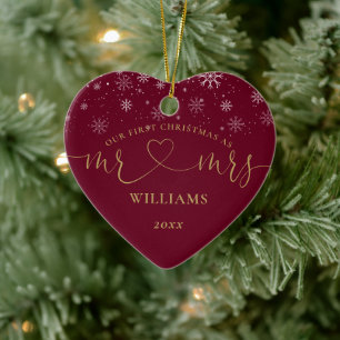Onze Eerste Kerstmis Mr Mrs Goud Hart Script Sneeu Keramisch Ornament