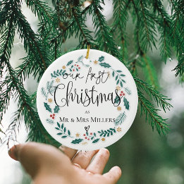 Onze Eerste Kerstmis Nieuwgetrouwd Mijnheer & Mev Keramisch Ornament