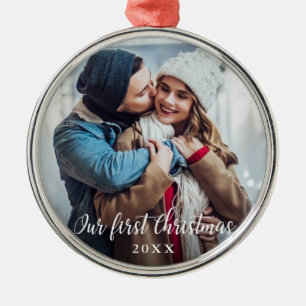 Onze eerste Kerstmis Paar Fotoscript Ronde Metalen Ornament
