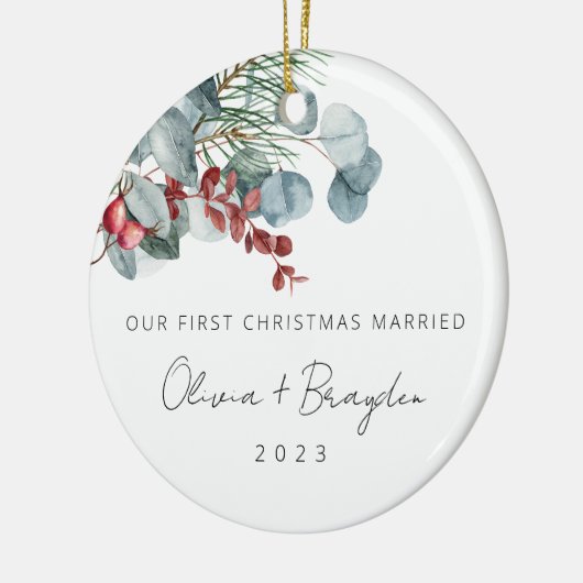 Onze eerste Kerstmis trouwde met Eucalyptus Keramisch Ornament (Links)