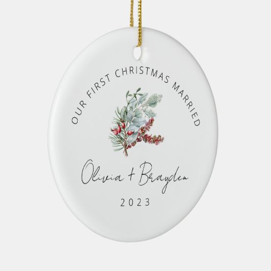 Onze eerste Kerstmis trouwde met Eucalyptus Keramisch Ornament (Rechts)