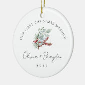 Onze eerste Kerstmis trouwde met Eucalyptus Keramisch Ornament (Links)