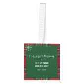 Onze Eerste Kerstmis Trouwfoto's Stewart Tartan Kubus Ornament (Voorkant)