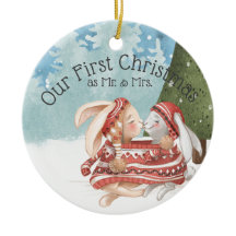 Onze eerste Kerstmis twee Cute Bunny Rabbits in Sn