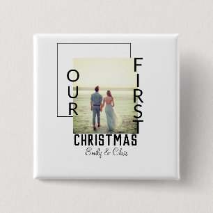 Onze Eerste Kerstmis voeg paar naam foto minimaal Vierkante Button 5,1 Cm