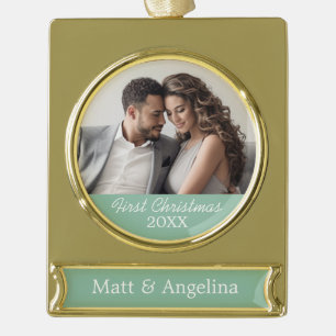 Onze Eerste Kerstmisfoto - Huwelijk of Verloving Verguld Banner Ornament