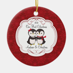 Onze eerste kerstornament Penguin Couple Keramisch Ornament
