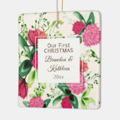 Onze eerste kerstrode roze groene klaver keramisch ornament (Links)