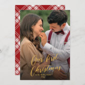 Onze eerste kerstscript Pas getrouwd Naam Tartan Feestdagenkaart (Voorkant / Achterkant)