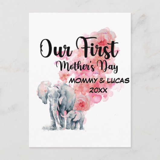 Onze eerste Moederdag mama en Baby olifanten Briefkaart (Voorkant)