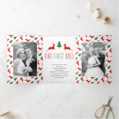 Onze eerste Noël herten boom pasgetrouwden kerst f Drieluik Wenskaart (Binnen)
