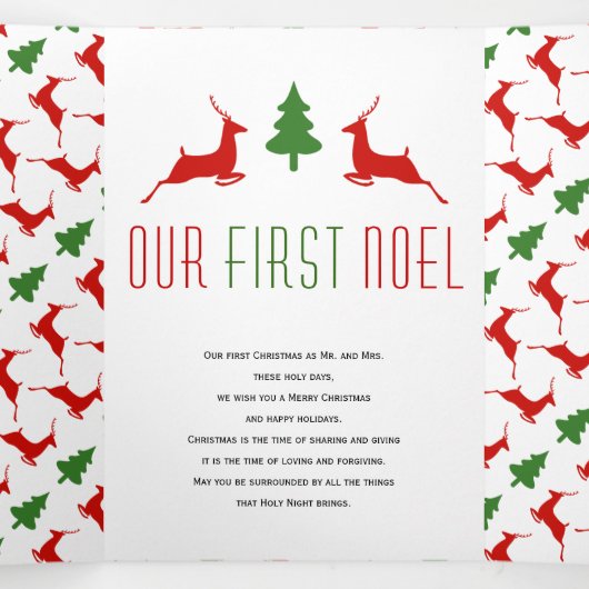 Onze eerste Noël herten boom pasgetrouwden kerst f Drieluik Wenskaart (Binnenkant midden)