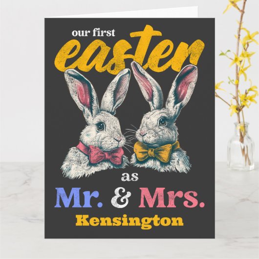 Onze eerste Pasen als Mr en Mrs Bunny Rabbit Kaart (Gele Bloem)