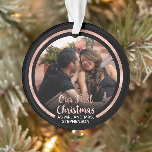 Onze eerste Roos Gold Script-foto met Kerstmis Ornament (Boom)