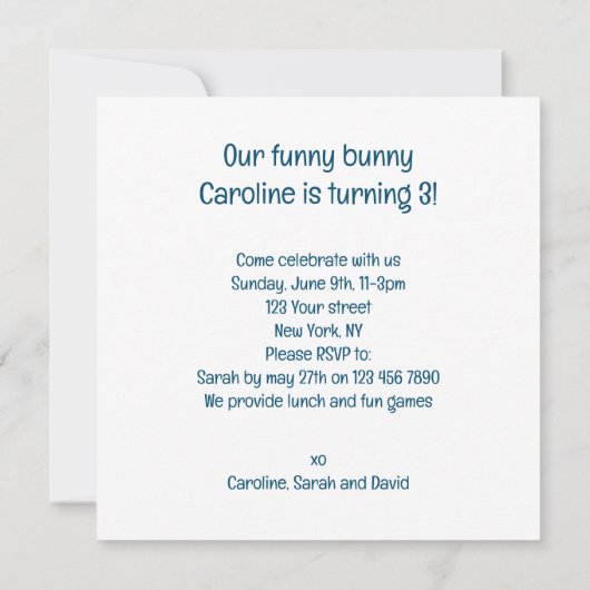 Onze grappige bunny, bunny verjaardagsuitnodiging kaart (Achterkant)