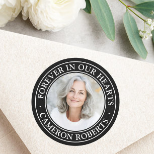 Onze harten altijd zwart rand foto-herdenking ronde sticker