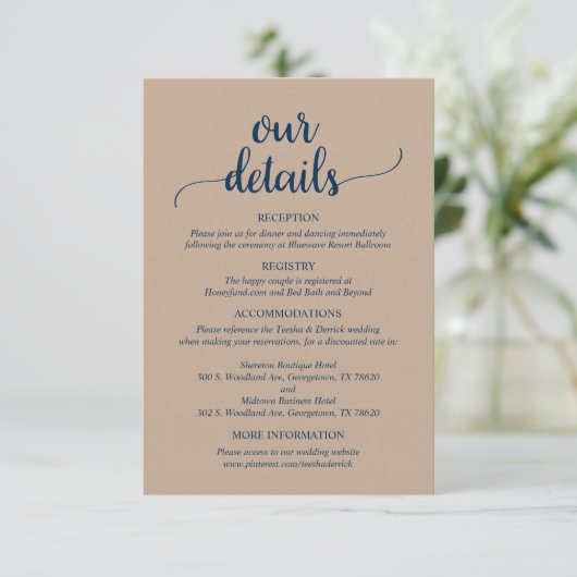 Onze huwelijksgegevens, Rustic Navy Blue Script Informatiekaartje (Staand voorkant)