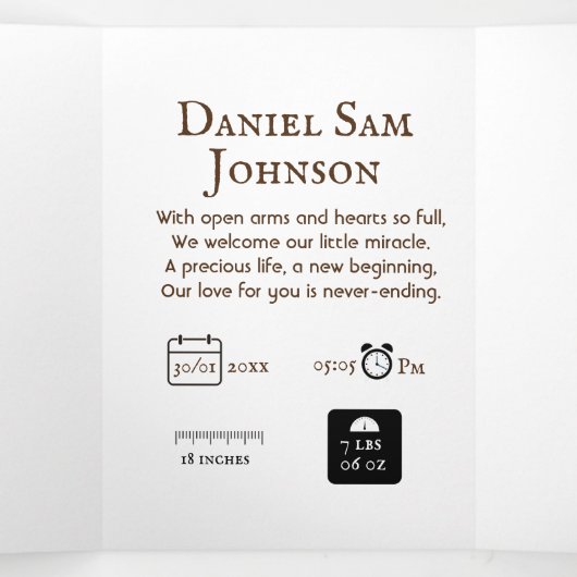 "Onze kleine" aanpasbare geboortetekaart met Tri-F Drieluik Wenskaart (Binnenkant midden)