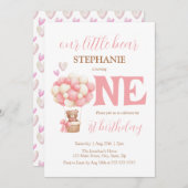 Onze kleine Beer roze heteluchtballon 1e verjaarda Kaart (Voorkant / Achterkant)