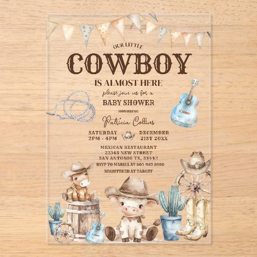 Onze Kleine Cowboy Wild West 1e Verjaardag Cactus Acryl Uitnodigingen (Voorkant)