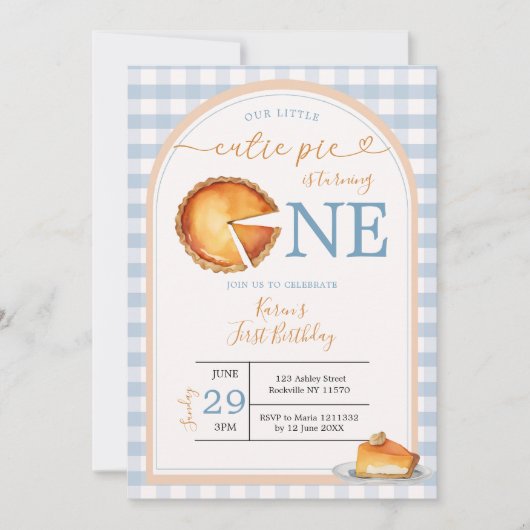 Onze Kleine Cutie Pie Blue Gingham eerste verjaard Kaart (Voorkant)