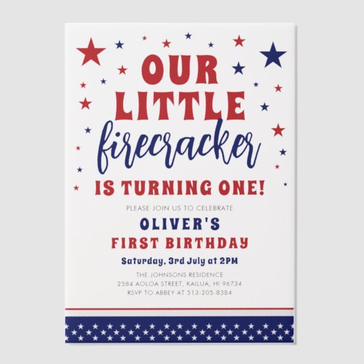 Onze kleine Firecracker 1e verjaardag Vellum Uitnodigingen (Voorkant)