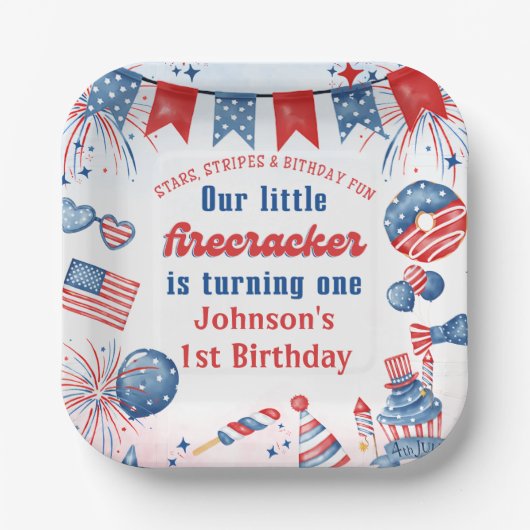 Onze Kleine Firecracker 4 juli 1 Verjaardag Papieren Bordje (Voorkant)