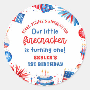 Onze Kleine Firecracker 4 juli 1 Verjaardag Ronde Sticker