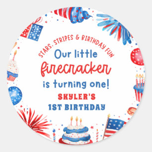 Onze Kleine Firecracker 4 juli 1 Verjaardag Ronde Sticker