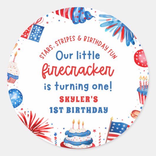 Onze Kleine Firecracker 4 juli 1 Verjaardag Ronde Sticker (Voorkant)