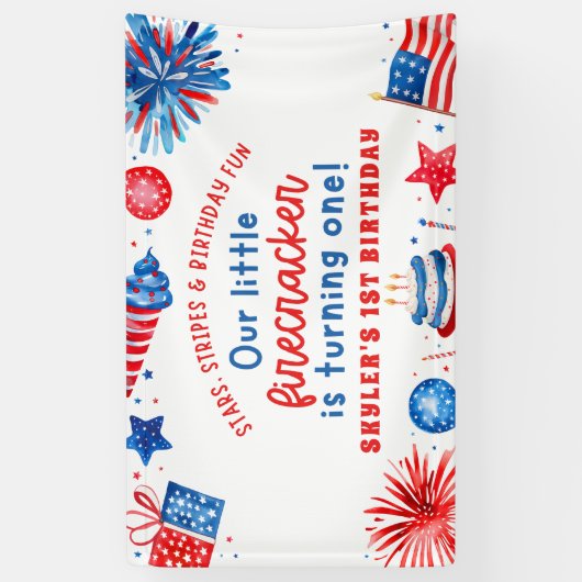 Onze Kleine Firecracker 4 juli 1 Verjaardag Spandoek (Verticaal)