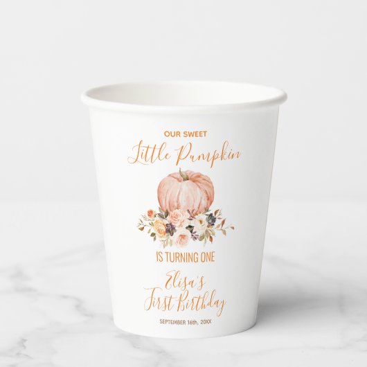 Onze kleine lieve pompoen 1e verjaardag bloemen papieren bekers (Achterkant)