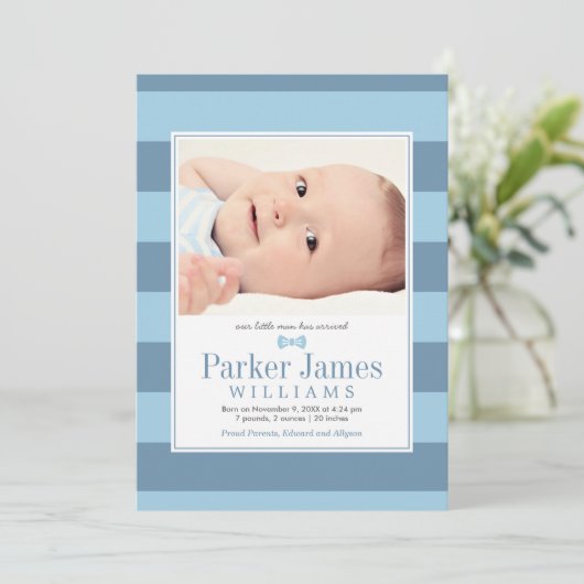 Onze kleine Man Blue Slate Handsome Baby Boy Birth Aankondiging (Staand voorkant)