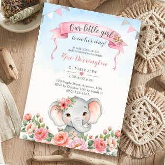 Onze Kleine Meisje Bloemige Olifant Baby Shower Kaart