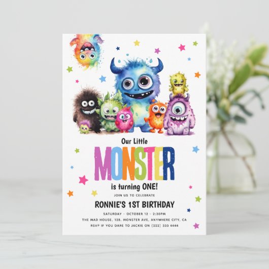 Onze kleine monster 1e verjaardag feestuitnodiging kaart (Staand voorkant)