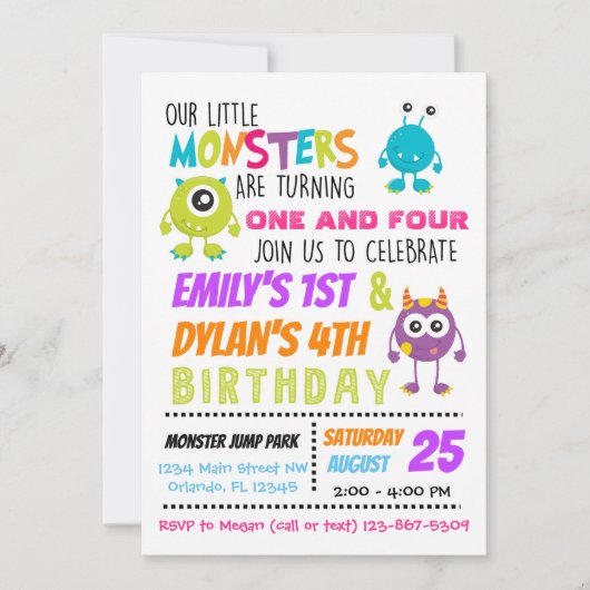 Onze kleine Monsters Joint Birthday Party nodigt u Kaart (Voorkant)