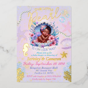 Onze kleine Pearl Baby Meisje Zeeschelp Baby Showe Folie Uitnodiging