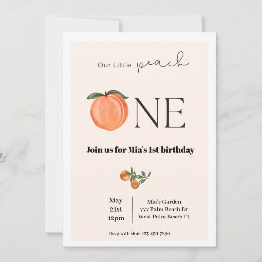 Onze kleine perzik 1e verjaardag uitnodiging (Voorkant)